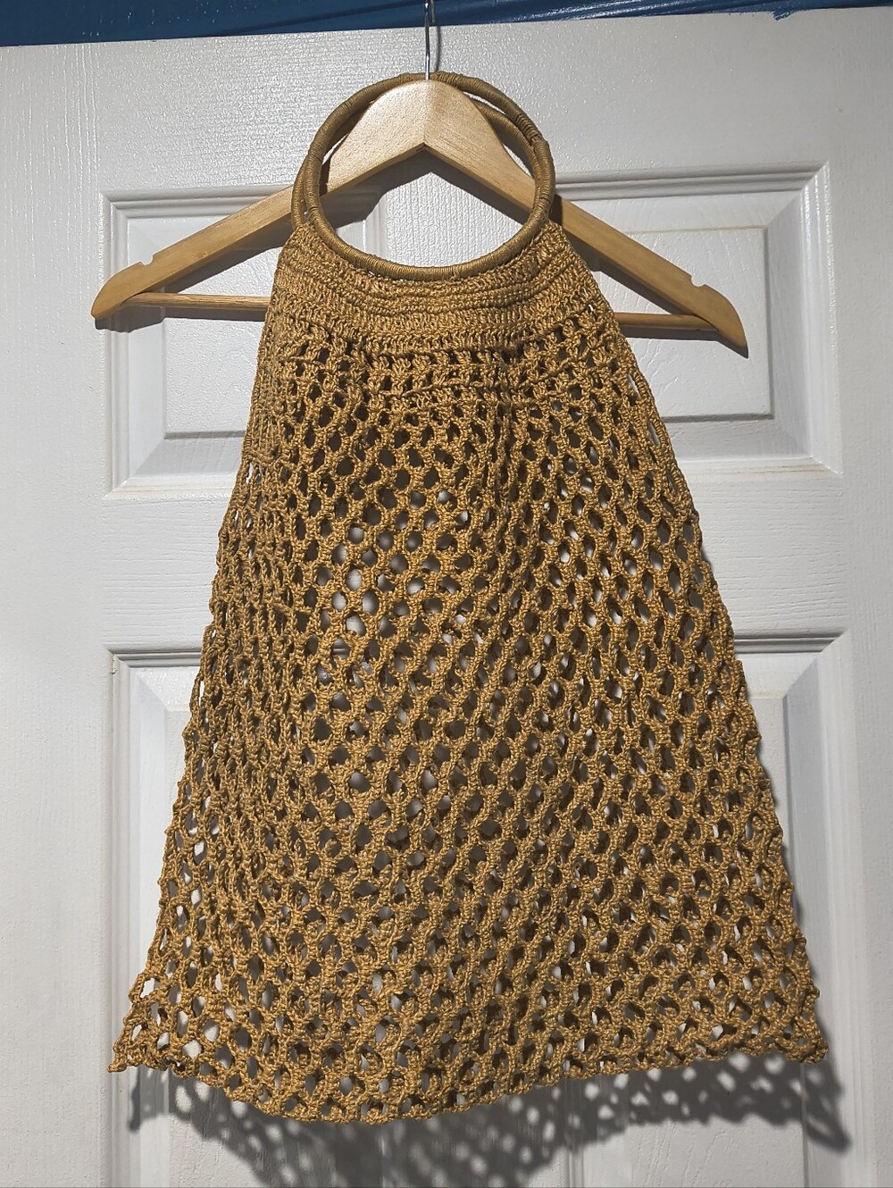 Vintage Golden Mustard Crochet Net Market Bag Circle Handle Tote